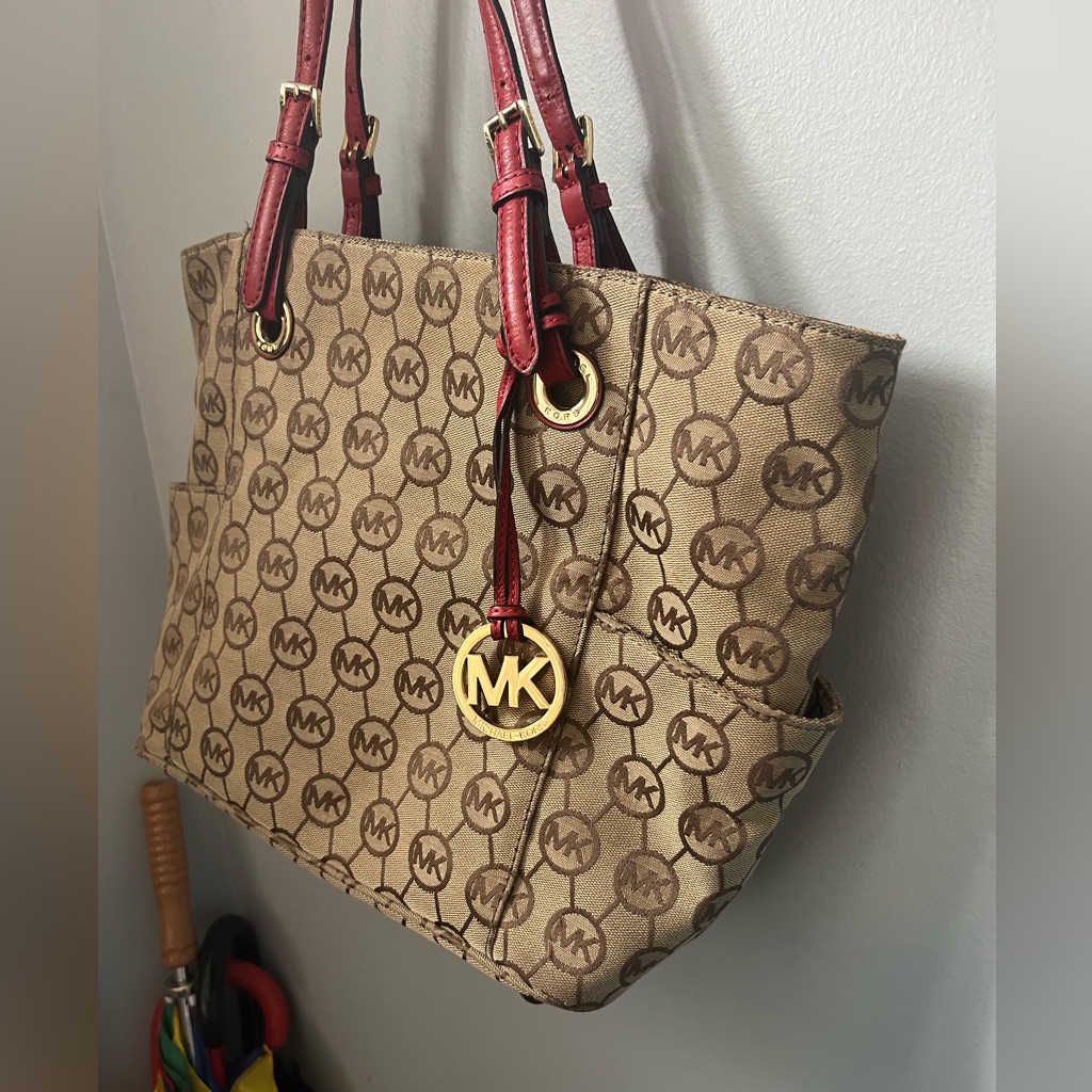 Vintage Michael Kors Michael Kors Brown And Red Large Signature Logo Tote Purse